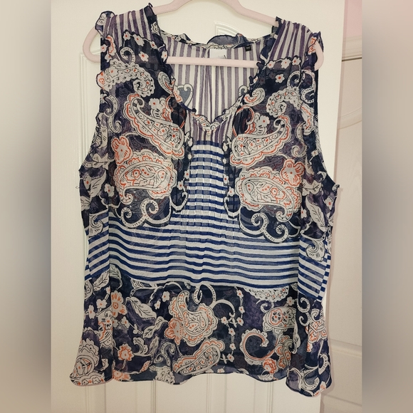 CAbi Navy and Orange Paisley Stripe Blouse - Picture 1 of 3